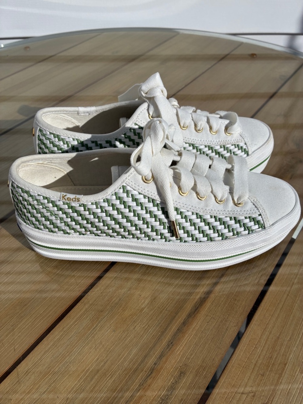 Kate spade Keds White Canvas Sneakers with Green Woven Panels